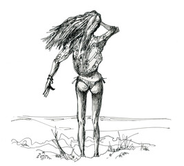 Girl by the sea  ink drawing. The wind develops hair  wide horizon.