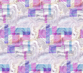 abstract seamless pattern with emitting of texture of minerals and digital clutters painted with watercolors in purple tones for surface design