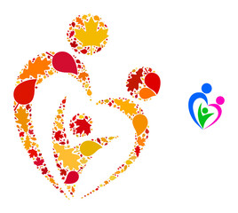 Familty Care mosaic icon designed for fall season. Vector familty care mosaic is designed from randomized fall maple and oak leaves. Mosaic autumn leaves in bright gold, brown and red colors.