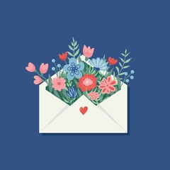 Bouquet of spring flowers in the envelope. Vector greeting card.