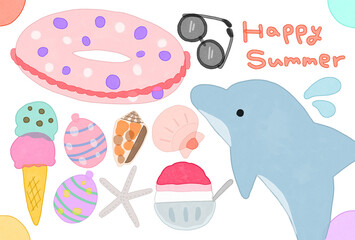 暑中お見舞い　夏モチーフのハガキテンプレート　happy summer
