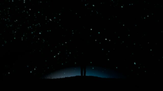 Parallax 4k video animation of a man in nature at night raising his hands up to the starry sky and watching the ascent of a beautiful planet, shooting stars and spaceships.