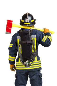 Rear view of fireman in fire-proof uniform and hardhat with air tank on his back and axe on shoulders over white background isolated.