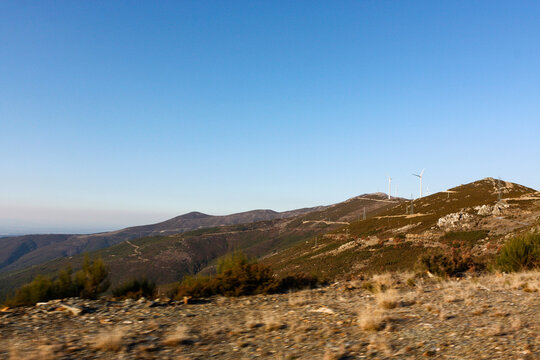Mountain landscape panorama with blue sky, Serra do A&ccedil;or, Arganil, Portugal