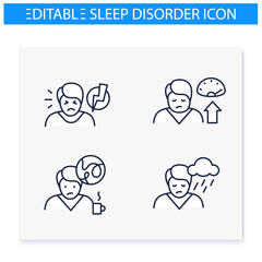 Sleep disorder line icons set. Healthy sleeping concept. General symptoms .Sleep problems treatment. Breathing trouble during sleep. Health care. Isolated vector illustrations. Editable stroke 