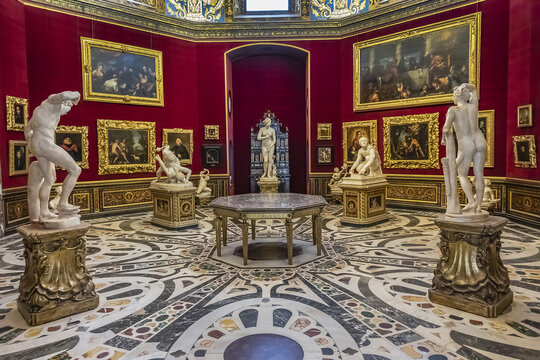 Interior of famous Uffizi Gallery. Uffizi Gallery - most famous museum in Florence, its collection of Renaissance paintings, housed in a sixteenth-century palace. FLORENCE, ITALY. January 11, 2018.