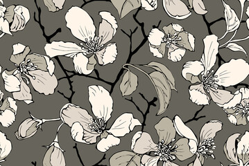 Seamless wallpaper pattern. White Cherry flowers, bud, leaves, branches on a gray-green background. Textile composition, hand drawn style print. Vector illustration.
