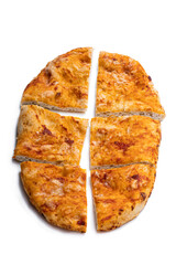 Homemade tomato and garlic flatbread isolated on white