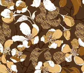 Seamless wallpaper pattern. Gold Cherry flowers, bud, leaves, branches on a brown background. Textile composition, hand drawn style print. Vector illustration.