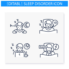  Sleep disorder line icons set. Healthy sleeping concept. Different types of sleep disorders. Falling asleep trouble. Stress. Health care. Isolated vector illustrations. Editable stroke 