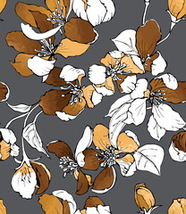 Seamless floral pattern. Gold Cherry flowers and leaves on a dark gray background. Textile composition, hand drawn style print. Vector illustration.