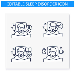 Sleep disorder line icons set. Healthy sleeping concept. General symptoms. Sleep problems treatment. Falling asleep trouble. Stress. Health care. Isolated vector illustration. Editable stroke 