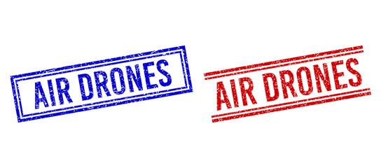 AIR DRONES rubber imitations with grunge texture. Vectors designed with double lines, in blue and red variants. Tag placed inside double rectangle frame and parallel lines.