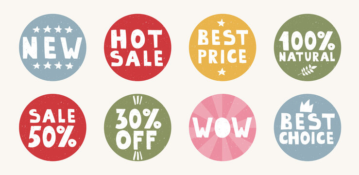 Set of vector round tags for sales promotion. Colored handwritten lettering stickers - best price, new, hot sale, best choice. Illustrations of labels and logos.
