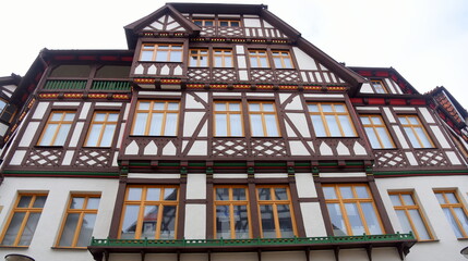 Fototapeta na wymiar Saniertes Fachwerkhaus mit braunen Balken und Giebel