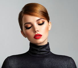Beautiful girl with red lips and short hair. Pretty face of an young sensual woman. Closeup...