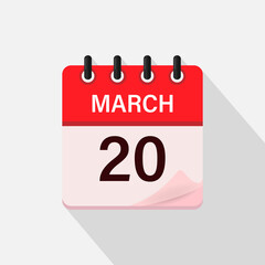 March 20, Calendar icon with shadow. Day, month. Flat vector illustration.