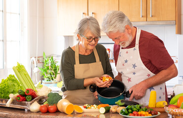 Vegetarian lifestyle. Beautiful white-haired elderly couple in the kitchen prepare a vegetable...