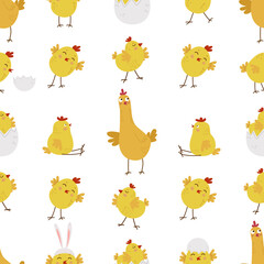 Flat cartoon style Easter pattern.  Funny yellow chicks.
