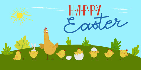 Flat cartoon style Easter background. Funny chicken with little chicks.