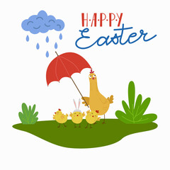 Flat cartoon style Easter background. Funny chicken with little chicks.