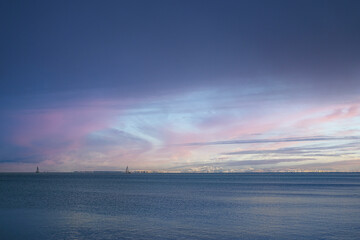 Sea and purple sky landscape.