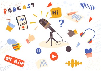 Podcast concept, live broadcast, on air. Podcast background with microphone, broadcast themes. Flat vector illustration