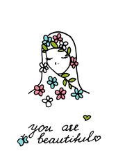 Women’s Day greeting card. Hand drawn Muslim woman with butterflies. Vector illustration in colored sketch style