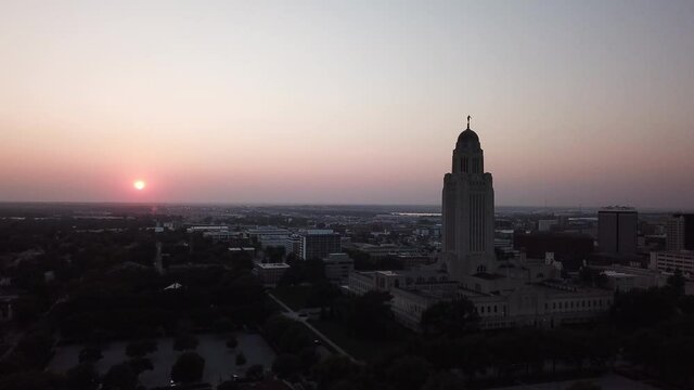 Aerial Lincoln Nebraska State Capitol Building With Colorful Sunset