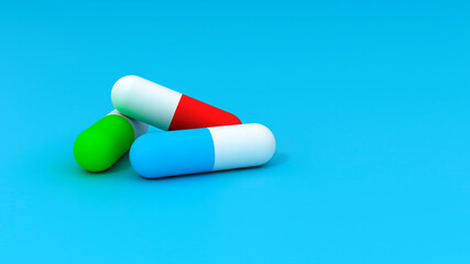 Pharmaceutical medicine pills, tablets and capsules on blue background. Copy space. Medicine concepts. Minimalistic abstract concept. 3D render