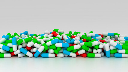 Pharmaceutical medicine pills, tablets and capsules on blank background. Copy space. Medicine concepts. Minimalistic abstract concept. 3D render
