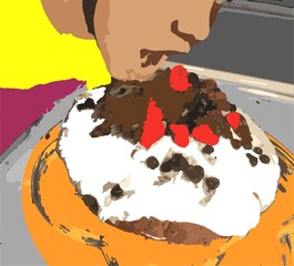 A boy's open mouth is about to taste a chocolate and cream cake topped with raspberries and blueberries. Digital painting style