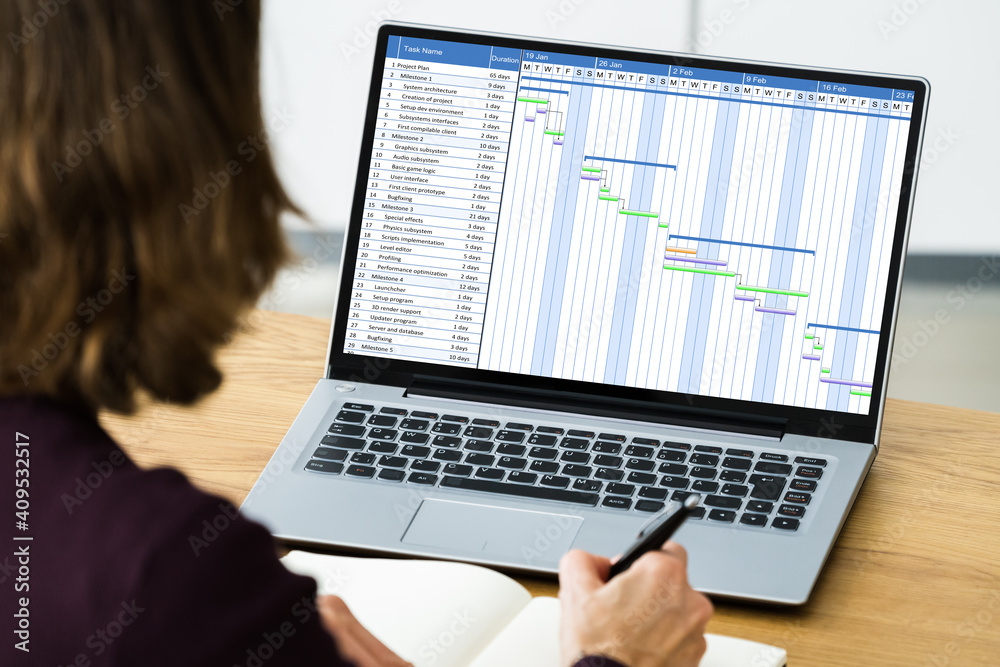 Poster Businesswoman Working On Gantt Chart Using Computer