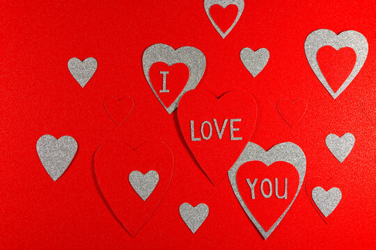 I Love You Red And Silver Hearts Design On Red