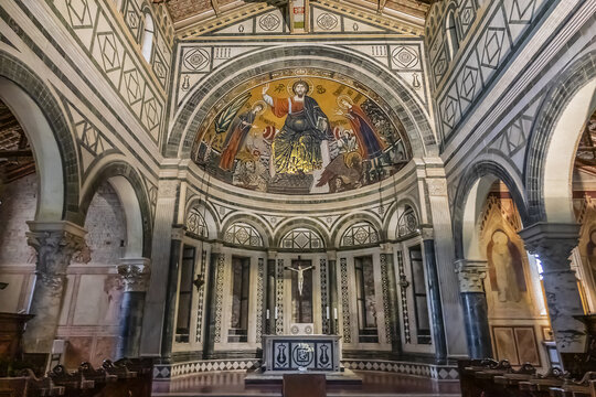 Interior of Church St. Minias on the Mountain (San Miniato al Monte) - oldest church of Florence - XI century. FLORENCE, ITALY. January 11, 2018.