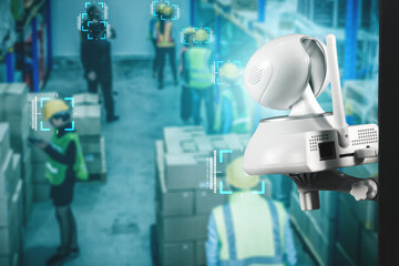 Facial recognition technology for industry worker to access machine control . Future concept interface showing digital biometric security system that analyze human face to verify personal data .