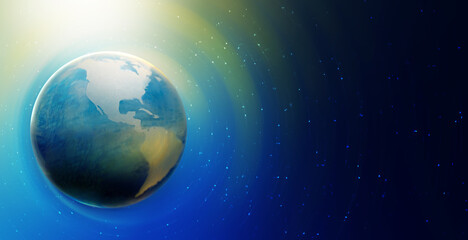 Fototapeta na wymiar Blue earth in space with Sun rays