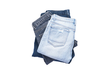 A set of folded jeans isolated on white background. Top view.