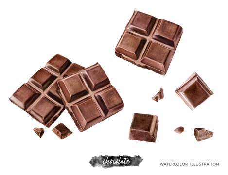 Pieces of dark chocolate bar watercolor illustration isolated on white background