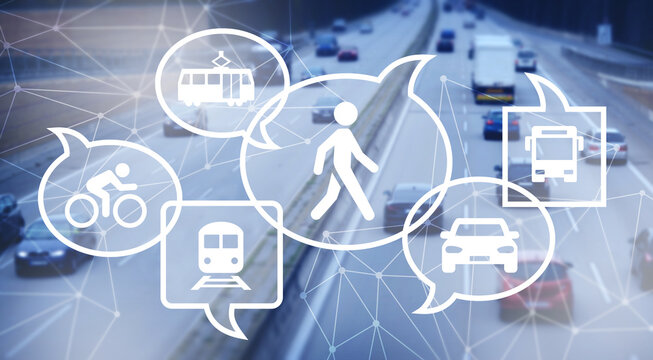 New mobility Illustration. Infrastuktur und Stadtplanung, Mobilit&auml;tswende / Verkehrswende, Autofreie Innenstadt, &ouml;ffentliche Verkehrsmittel, Konzept zur Nutzung der Stadt f&uuml;r Verkehrsteilnehmer.