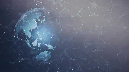 Conceptual 3d blue earth planet globe rotation on digital artificial intelligence cyberspace network with blinking dots and lines animation background. Seamless looping.