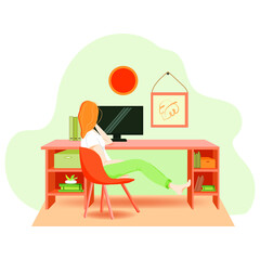 Home office concept, female business, woman working from home, student or freelancer. Cute vector illustration in flat style
