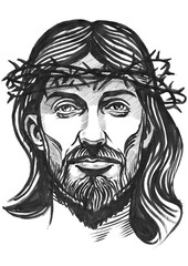 Jesus Christ, graphic portrait. Hand drawing. Watercolor illustration, jpg