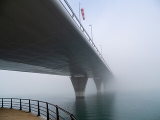 Puente de la Constitucion, called La Pepa, in the fog in the bay of Cadiz capital, Andalusia. Spain. Europe.

