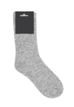 Gray Color Tall Socks Isolated On White Background. Socks With Tag For Mockup.