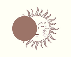Vector illustration of eclipse with retro sun. Astrological mystery sign.