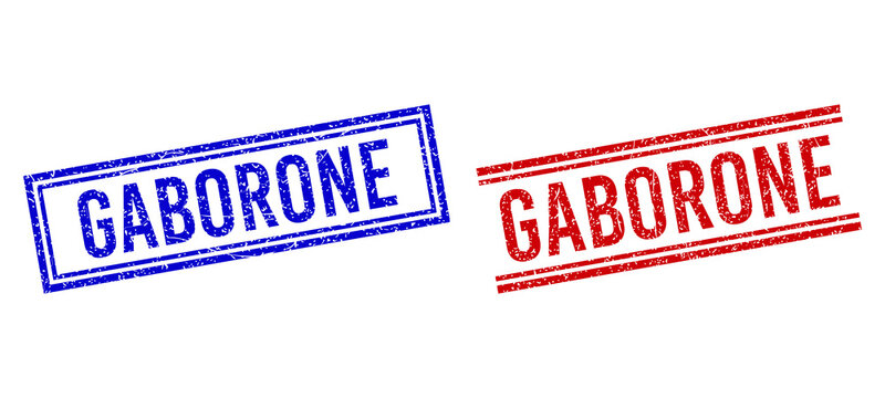 GABORONE rubber overlays with grunge texture. Vectors designed with double lines, in blue and red versions. Phrase placed inside double rectangle frame and parallel lines.