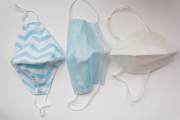 Cloth mask, surgical mask and n95 mask. Top view