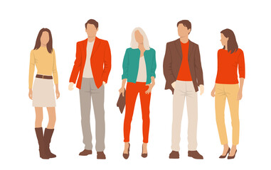 Obraz premium Set of young men and women, different colors, cartoon character, group of silhouettes of standing business people, students, the design concept of flat icon, isolated on white background