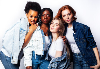 Fototapeta premium diverse multi nation girls group, teenage friends company cheerful having fun, happy smiling, cute posing isolated on white background, lifestyle people concept, african-american, asian and caucasian